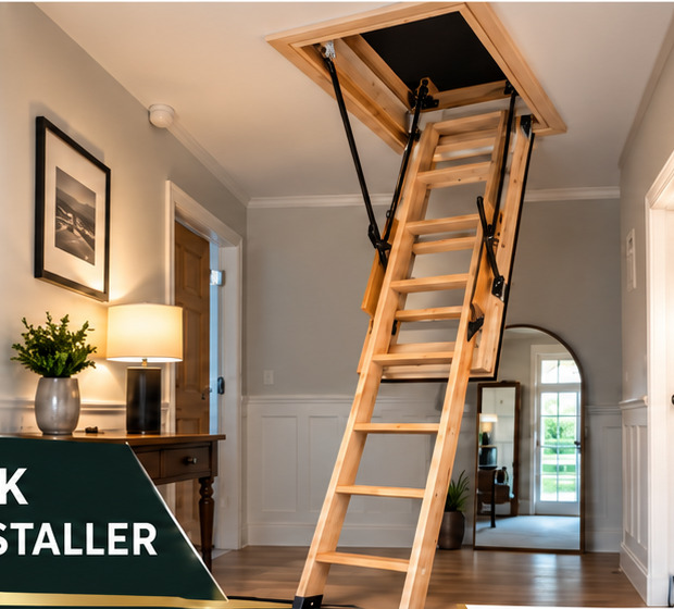 Timber attic stairs installed in a bright, modern hallway